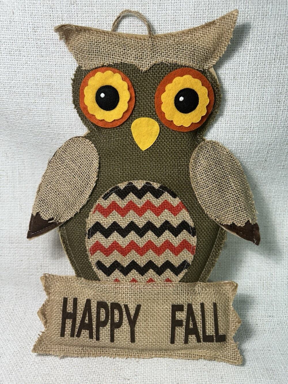 Happy Fall Owl Burlap Wall Hanging Rustic Autumn Harvest Farmhouse Decor 14x9